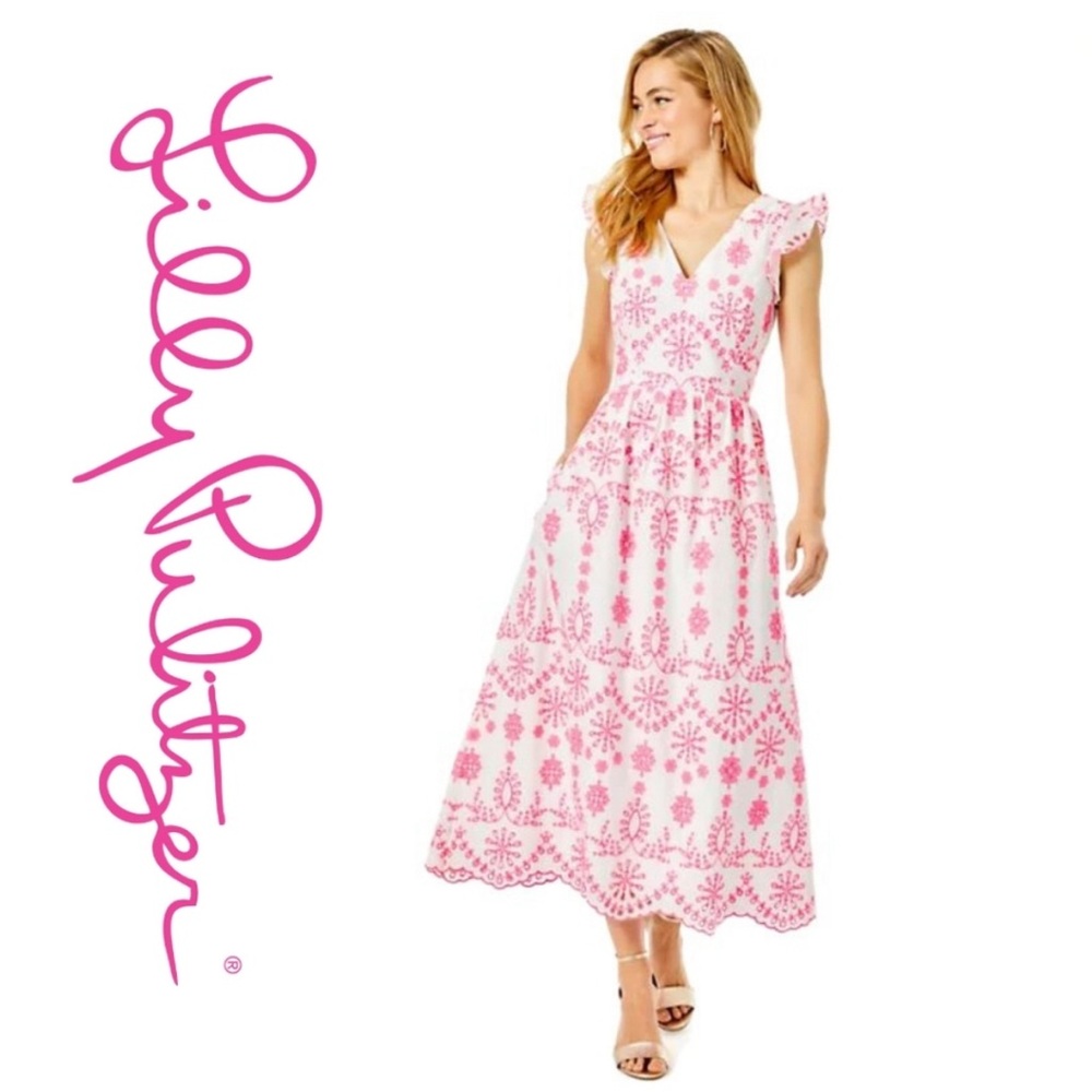 Lilly Pulitzer Lillyanne Midi Dress Karmic Coral Neon  Engineered Eyelet 00